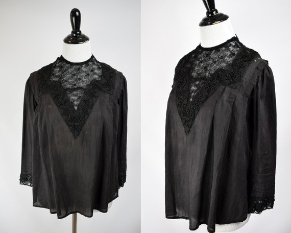 1900s Black Tissue Silk Soutache Blouse // Victori