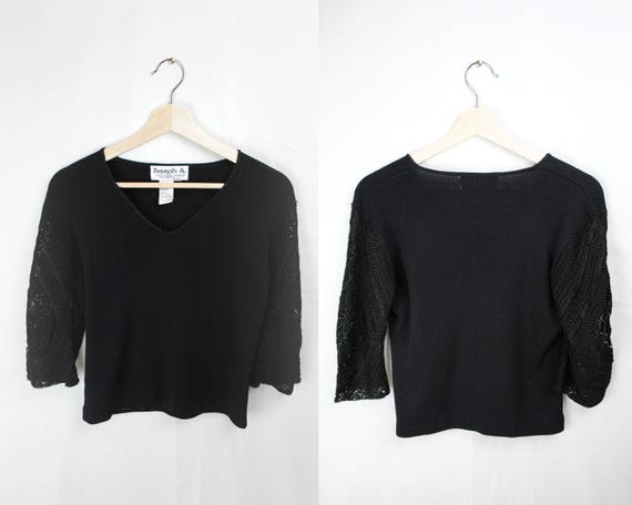 1990s Does 30s 40s Crochet Sweater // 90s Black Cr