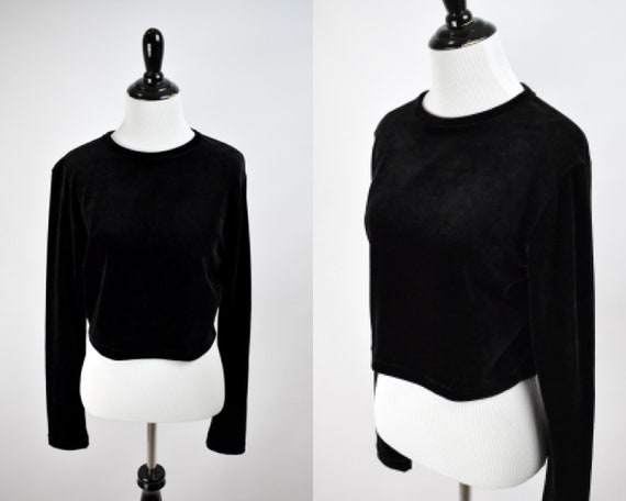 1990s Black Velour Cropped Sweatshirt // 1990s Gr… - image 1