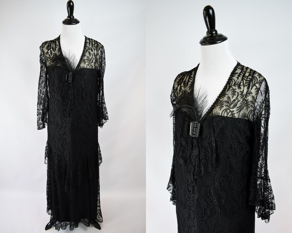 1930s Black Lace Trumpet Sleeve Gown // Vintage 19
