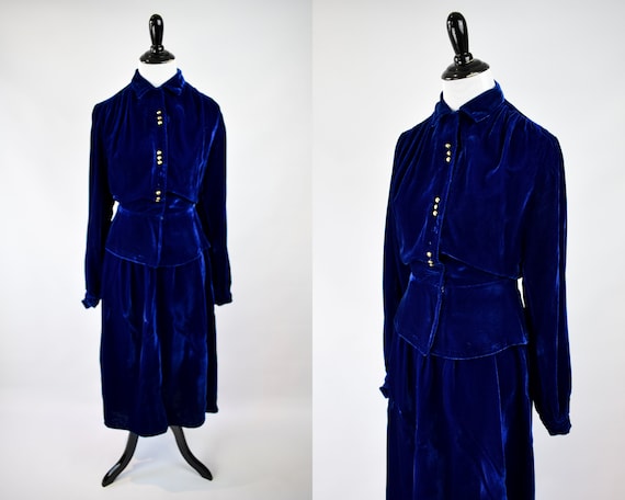 1940s Blue Velvet Peplum Set // 40s Velvet Blouse