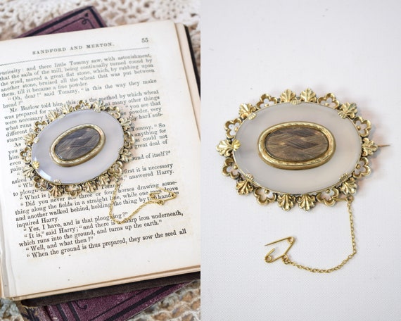 1870s Victorian Mourning 9K Gold & Chalcedony Hair