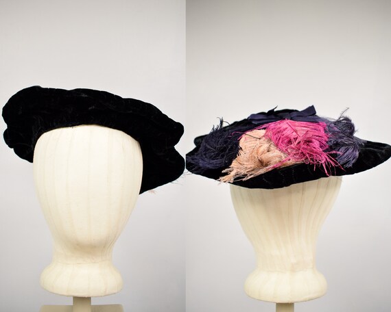 1910s Edwardian Velvet & Feather Beret // Antique
