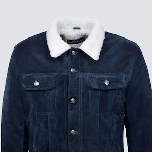 Daim bleu avec fourrure de shearling Classic Real Soft Cow Western Leather Jacket Luxe Leather