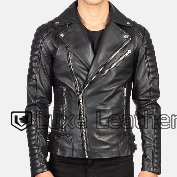 Veste en cuir véritable pour hommes Peau de chèvre noire Cuir Cross Zip Brando Style Veste pour hommes