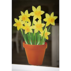 Könnte beinhalten: Eine Topfpflanze mit gelben Narzissen in einem Terrakotta-Topf. Die Blumen sind in voller Blüte und haben eine leuchtend gelbe Farbe.