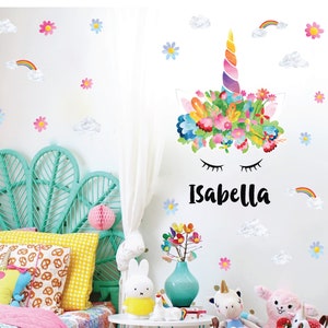 Rainbow Unicorn Wall Sticker with Clouds & Flowers + Custom Name