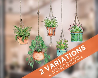 5x Illustrated Hanging Plant Window Sticker Decals | Stickers4 Watercolour Hanging Plant Window Stickers | Version 2