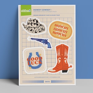 May include: A set of five western-themed stickers featuring a cowboy hat, a pair of boots, a horseshoe with the words "Good Luck", a revolver, and a sticker with the word "Howdy" repeated three times. The stickers are on a white background with a grid pattern.