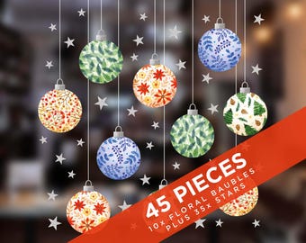 Floral Christmas Bauble Window Stickers | 45-Piece Xmas Star Cling Set | Reusable Double-Sided Festive Window Decoration
