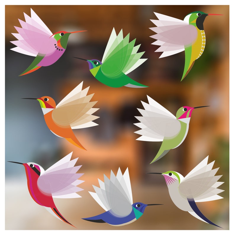 I Like Birds Set of 6 Small Decorative Glass Static Clings Exotic Hummingbirds Window Stickers