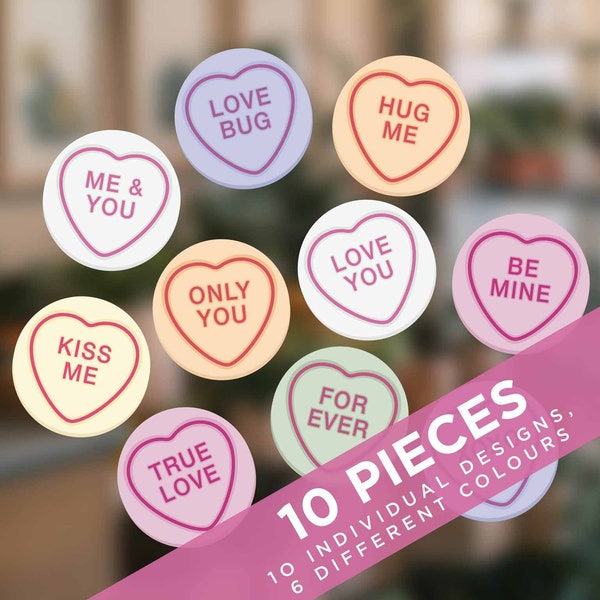 Love Heart Candy Window Stickers Valentines Day Clings Sweet Display of Affection Kiss Me, True Love, Forever, Be Mine, Reusable Clings