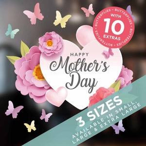 Mothers Day Pastel Hearts and Flowers Window Cling - Mother&#39;s Day Window Decorations, Mothers Day Shop Window Display