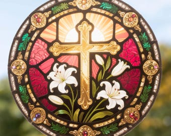 Stained Glass Cross with Easter Lilies Window Cling Sticker