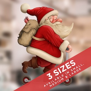 K&ouml;nnte beinhalten: Der Weihnachtsmann tr&auml;gt einen roten Anzug und einen wei&szlig;en Bart und f&auml;hrt einen Roller mit einem braunen Rucksack. Das Bild enth&auml;lt den Text "3 SIZES AVAILABLE IN SMALL, MEDIUM & LARGE".