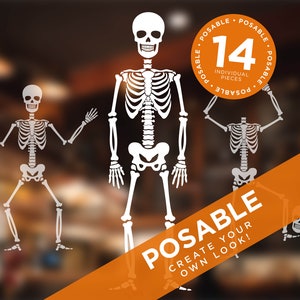 May include: Three white skeleton figures made of 14 individual pieces, each with a skull and ribcage. The skeletons are posable and can be arranged in different positions. The text "POSABLE CREATE YOUR OWN LOOK!" is displayed on a orange background.