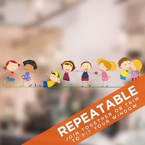 May include: A set of colorful cartoon children stickers, perfect for decorating a window or wall. The stickers are designed to be joined together or trimmed to fit any space. The text on the sticker reads "Repeatable. Join together or trim to fit your window."