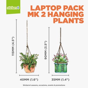 May include: Two hanging plant stickers for laptops. The stickers are 4.5 inches tall and 3.5 inches tall. The stickers feature a fern plant in a terracotta pot and a succulent plant in a green pot with a dollar sign pattern.