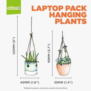 May include: Two hanging plants in pots, one with a green succulent and the other with a green aloe plant. The pots are both hanging from macrame string. The text "LAPTOP PACK HANGING PLANTS" is at the top of the image. The text "Stickers4 seasons, occasions, events & promotions" is at the bottom of the image.