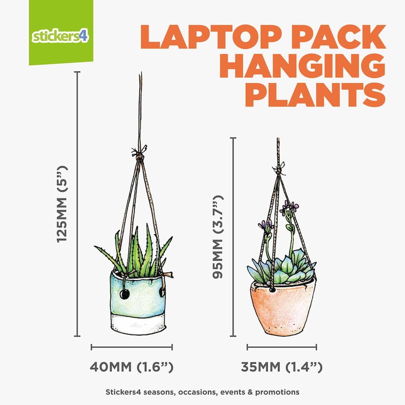 May include: Two hanging plants in pots, one with a green succulent and the other with a green aloe plant. The pots are both hanging from macrame string. The text "LAPTOP PACK HANGING PLANTS" is at the top of the image. The text "Stickers4 seasons, occasions, events & promotions" is at the bottom of the image.