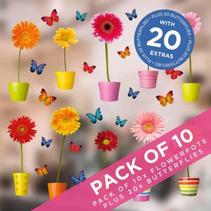 Könnte beinhalten: Ein Set aus 10 Blumentöpfen mit bunten Gerbera-Gänseblümchen und Schmetterlingen. Die Blumentöpfe sind in verschiedenen Farben, darunter Gelb, Rosa und Grün. Die Schmetterlinge sind in Orange-, Rot- und Blautönen gehalten. Der Text "Pack of 10" ist enthalten.