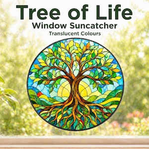 May include: A circular stained glass window suncatcher depicting the tree of life. The design includes a tree with a brown trunk and roots, green and yellow leaves, and a blue and yellow backdrop. The text "Tree of Life Window Suncatcher Translucent Colours" is at the top.
