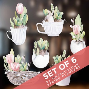 Könnte beinhalten: Satz mit sechs Aquarell-Frühjahrs-Pflanzgefäßen mit verschiedenen Blumenarrangements in Teetassen, Eierschalen und einem Vogelnest. Die Pflanzgefäße sind in einem zarten Aquarellstil mit rosa Blüten, grünen Blättern und weißen Akzenten bemalt. Der Text "Set of 6 6x Watercolor Spring Planters" ist auf einem roten Banner abgebildet.