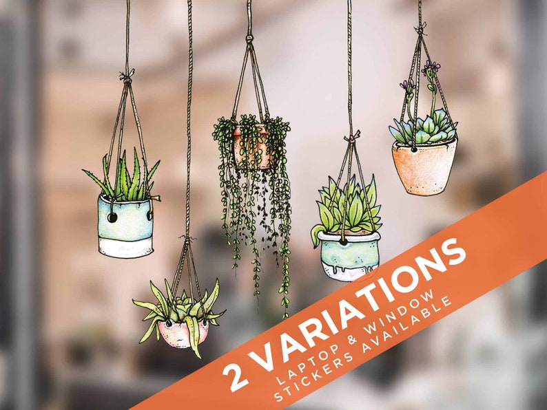 May include: Five hanging potted plants with different types of greenery. The plants are in various colored pots and are hanging from strings. The image has text that says "2 VARIATIONS LAPTOP & WINDOW STICKERS AVAILABLE".