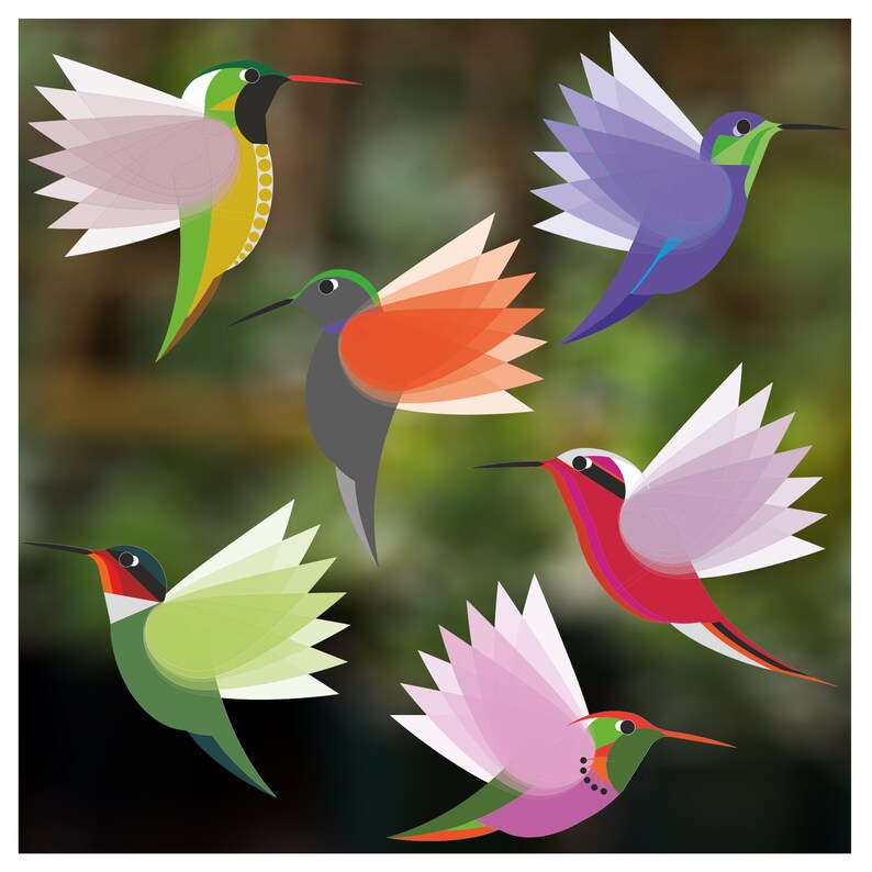 I Like Birds Set of 6 Small Decorative Glass Static Clings Exotic Hummingbirds Window Stickers
