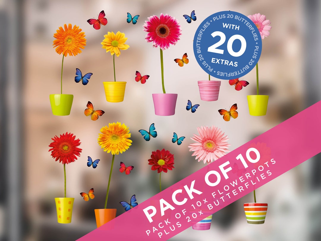 Flower Pots Window Stickers 10 Individual Colourful Flowers in Pots