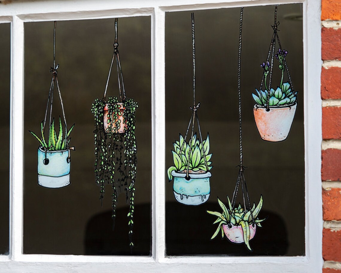 Illustrated Hanging Plants Window Stickers Reusable No Etsy