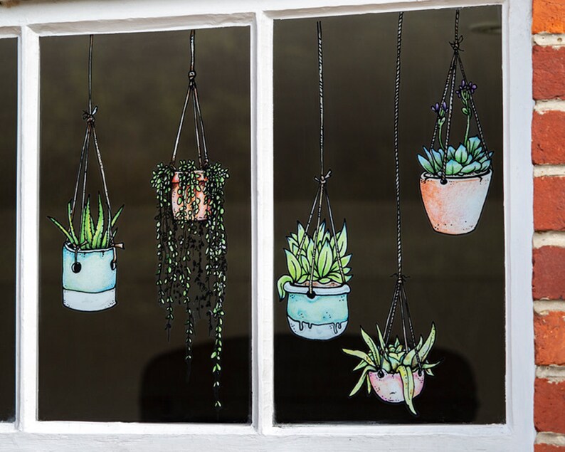 Illustrated Hanging Plants Window Stickers Reusable No Etsy