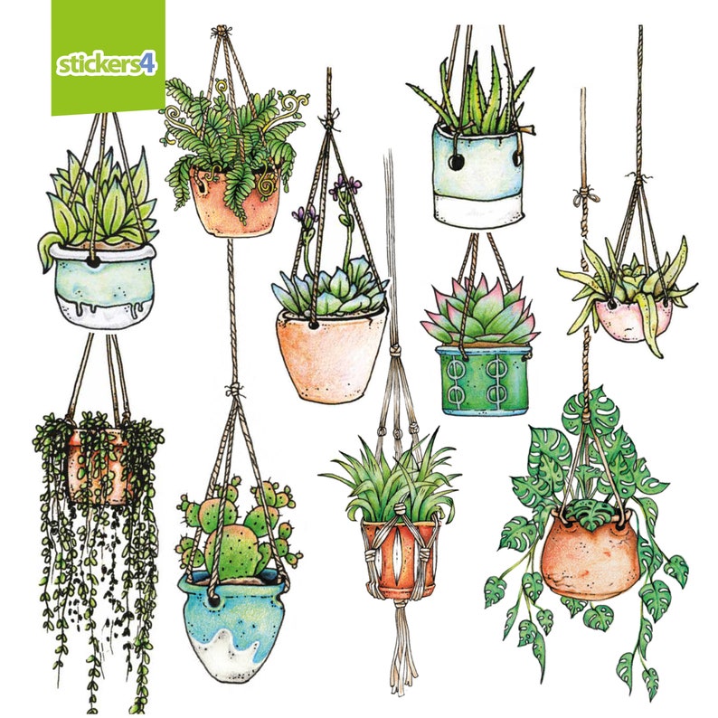 May include: A set of ten hanging plant illustrations featuring various plants in different colored pots. The plants are drawn in a whimsical style with green leaves and flowers. The pots are a mix of brown, blue, green, and white.