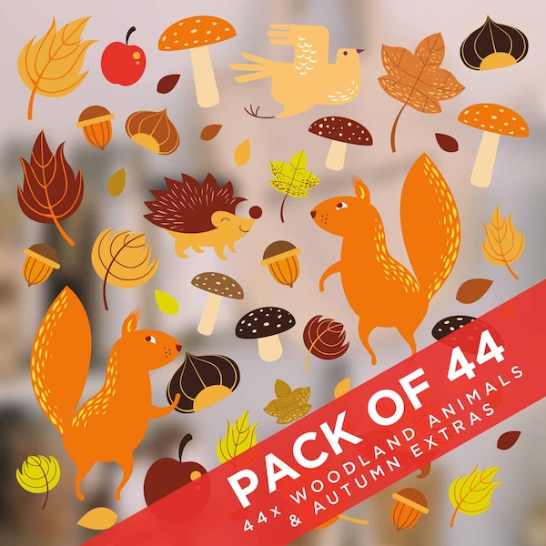 Stickers fenêtre Forêt d'automne : stickers, écureuils et hérissons d'automne