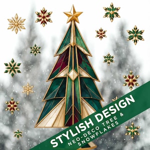 Op de afbeelding: Een kerstboom in glas-in-loodstijl met geometrische groene, crèmekleurige en gouden panelen, bekroond met een gouden ster. Rondom de boom hangen diverse sneeuwvlokornamenten in goud, groen en rood. Tekst: STYLISH DESIGN NEO-DECO TREE & SNOWFLAKES.