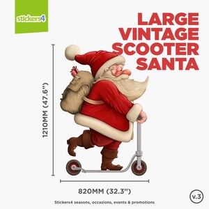 K&ouml;nnte beinhalten: Ein gro&szlig;er Vintage-Scooter-Weihnachtsmann-Aufkleber. Der Weihnachtsmann tr&auml;gt einen roten Anzug mit wei&szlig;en Verzierungen und einen wei&szlig;en Bart. Er f&auml;hrt einen silbernen Roller mit roten R&auml;dern. Der Aufkleber ist 1210 mm hoch und 820 mm breit.