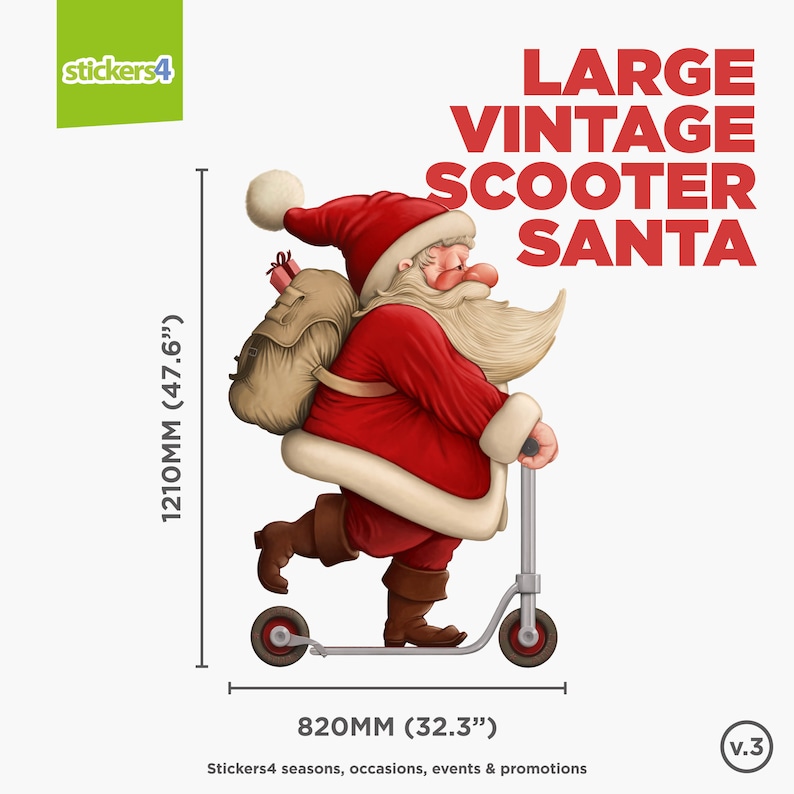 K&ouml;nnte beinhalten: Ein gro&szlig;er Vintage-Scooter-Weihnachtsmann-Aufkleber. Der Weihnachtsmann tr&auml;gt einen roten Anzug mit wei&szlig;en Verzierungen und einen wei&szlig;en Bart. Er f&auml;hrt einen silbernen Roller mit roten R&auml;dern. Der Aufkleber ist 1210 mm hoch und 820 mm breit.