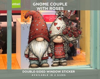 Valentine's Day Gnome Couple with Red Roses Static Cling Reusable Window Sticker