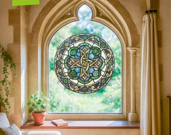 Extra-Large Stained Glass Celtic Cross with Knotwork Window Cling Sticker