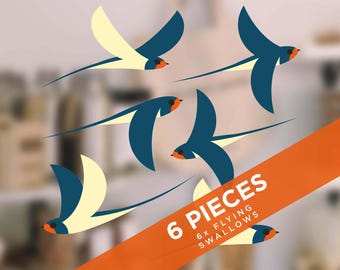 I Like Birds - Swallows Flying Window Stickers - Set of 6 Decorative Glass Static Clings. Bird Strike Prevention Bird Safety Window Clings