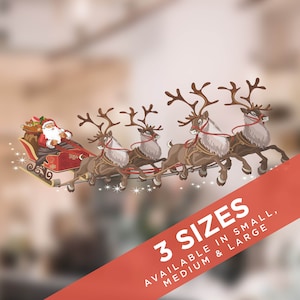 May include: Santa Claus in a red sleigh pulled by four reindeer flying through the air. The sleigh is filled with presents. The reindeer are brown with antlers. The background is blurred. The text "3 SIZES AVAILABLE IN SMALL, MEDIUM & LARGE" is at the bottom of the image.