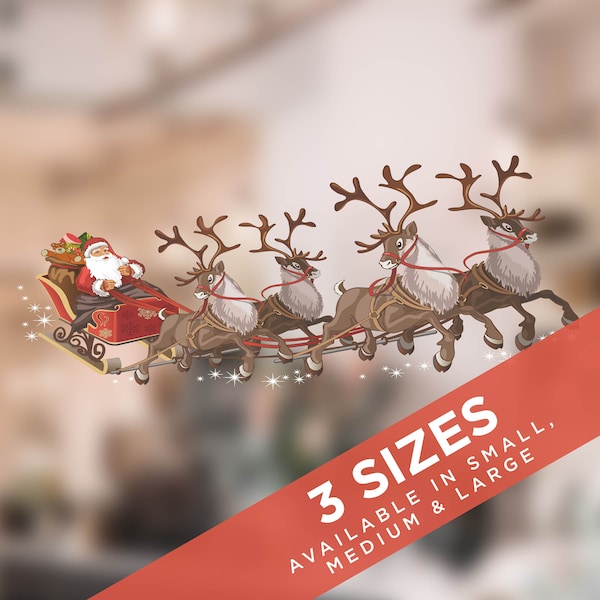 Santa Sleigh with Reindeer Christmas Window Sticker - Xmas Double-sided Window Decor by Stickers4
