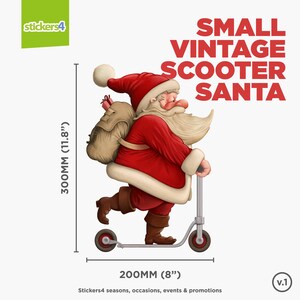 K&ouml;nnte beinhalten: Ein roter und wei&szlig;er Weihnachtsmann f&auml;hrt einen Vintage-Roller mit einer braunen Tasche auf dem R&uuml;cken. Der Roller ist silber mit schwarzen R&auml;dern. Das Bild ist 30 cm hoch und 20 cm breit. Stickers4 Jahreszeiten, Anl&auml;sse, Events und Aktionen v.1