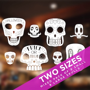 Sugar Skulls Window Stickers, Halloween Decor, Mexican Skull, Day of the Dead, Calavera, Skull Sticker, Skull Decal, (Pack of 8)