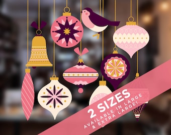 10 Pink Vintage Style Christmas Bauble Decorations with Strings - Xmas Window Cling Decor by Stickers4