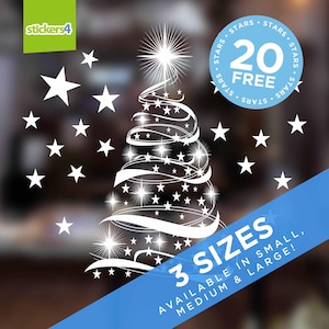 May include: White Christmas tree and star stickers. The tree design is made of swirling lines and stars. The image also includes the text "20 FREE" and "3 SIZES AVAILABLE IN SMALL, MEDIUM & LARGE!"
