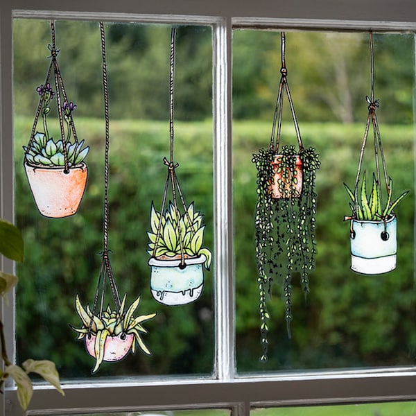 Illustrated Hanging Plants Window Stickers - Reusable No Adhesive -  Double Sided Decorative Window Stickers