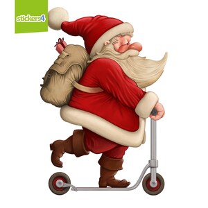 K&ouml;nnte beinhalten: Der Weihnachtsmann in einem roten Anzug und mit wei&szlig;em Bart f&auml;hrt einen silbernen Roller. Er tr&auml;gt eine braune Tasche mit einer roten Geschenkbox auf dem R&uuml;cken. Der Roller hat schwarze R&auml;der.