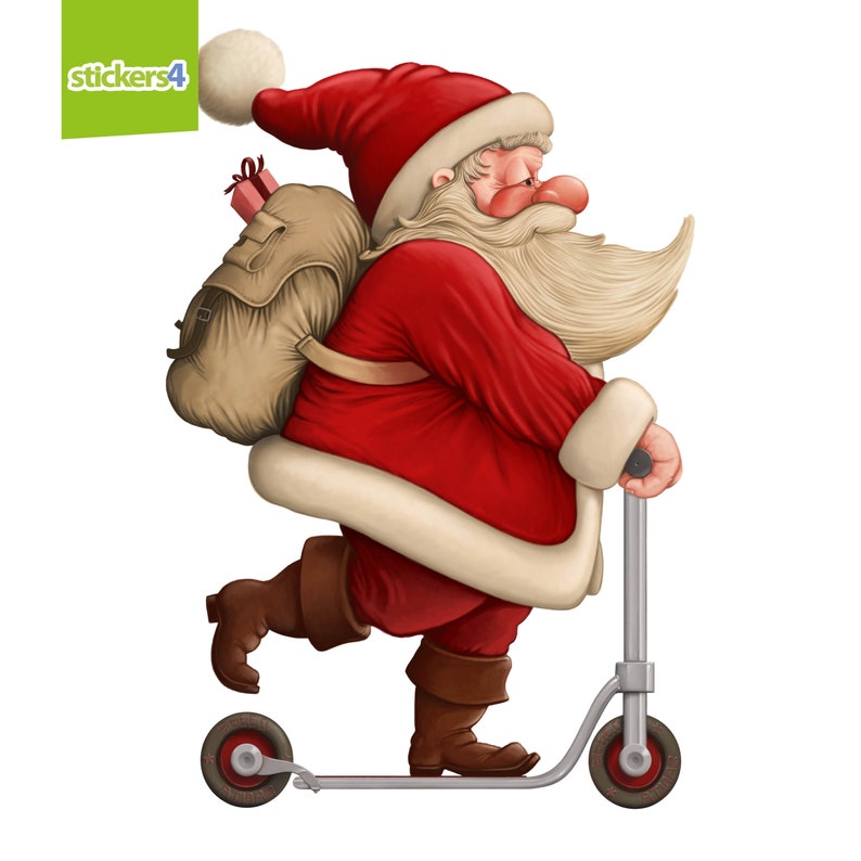 K&ouml;nnte beinhalten: Der Weihnachtsmann in einem roten Anzug und mit wei&szlig;em Bart f&auml;hrt einen silbernen Roller. Er tr&auml;gt eine braune Tasche mit einer roten Geschenkbox auf dem R&uuml;cken. Der Roller hat schwarze R&auml;der.
