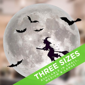 Strega di Halloween e pipistrelli da attaccare alla finestra della luna piena. Decorazione riutilizzabile realizzata nel Regno Unito per la casa e il negozio. Facile da applicare. Dimensioni multiple